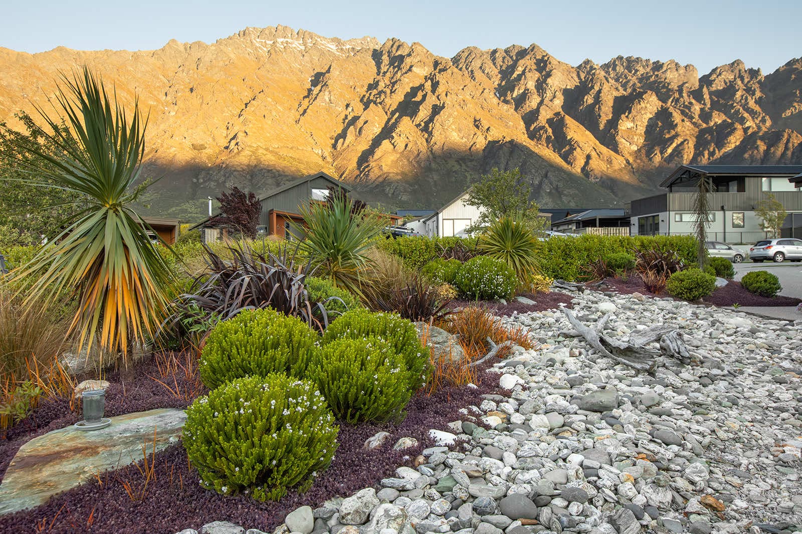 A Diva-designed garden of tussock, cabbage trees and river stone below The Remarkables at first light
