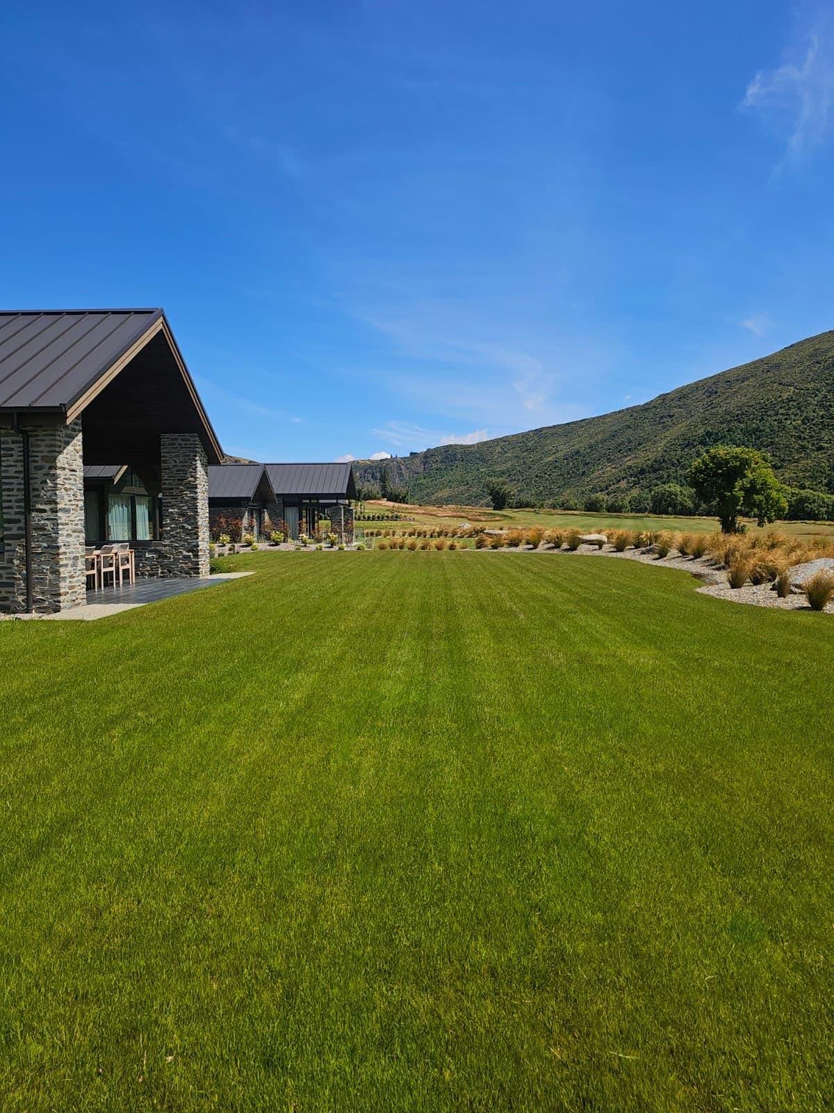 A wide kept lawn running up to a schist and timber house below a tussock hillside